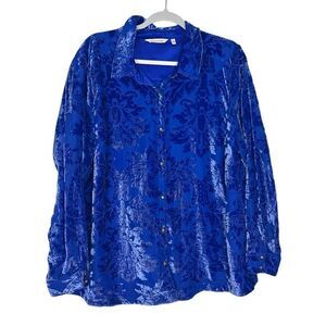 Soft Surroundings Button Up Shirt Womens 1X Blue Velvet Floral Lined Long Sleeve